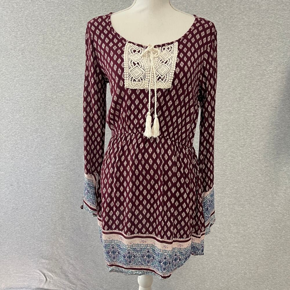 Hint of Blush Dress - Red Blue Patterned Lace Up Top - M